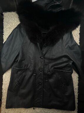 Yudofsky Real Fur Hooded Coat Black sheepskin Leather Medium Red Kid USA